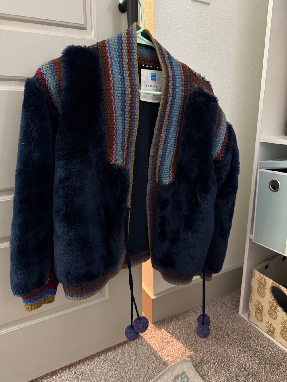 sparrow Navy Faux-Fur Teddy Jacket with Multicolor Striped Trim